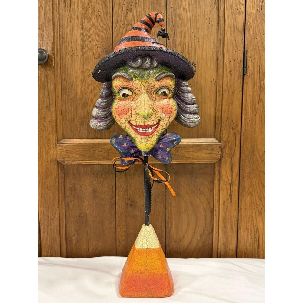 Vintage Primitive Style Handmade Halloween Witch Mask On Stick & Weighted
